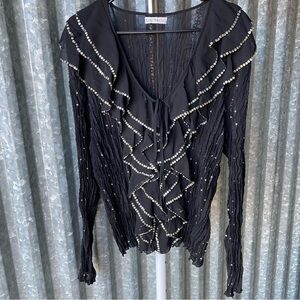 VTG Y2K Black Silver Sequined Ruffled Blouse Size 3X